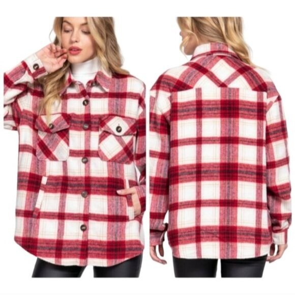 Active USA Wool Blend Shacket Tartan Plaid Flannel Red Ivory Multicolor Jacket L - Picture 6 of 13